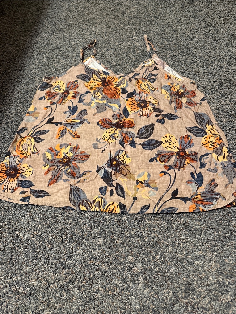 Beige Floral Spaghetti Strap Tank Top with Yellow & Navy Accents